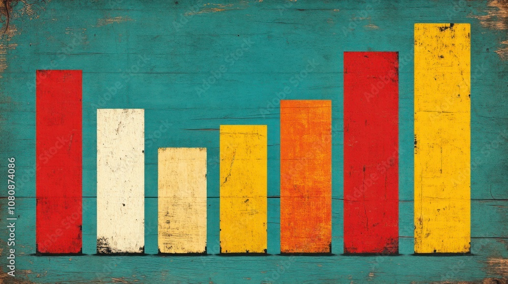 Poster abstract colorful bar graph on distressed blue background representing data visualization, growth me