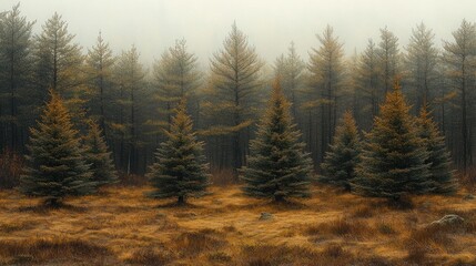 Misty forest landscape with evergreen trees and autumn foliage.