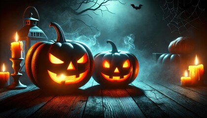 Halloween pumpkin blue light in mysterious night