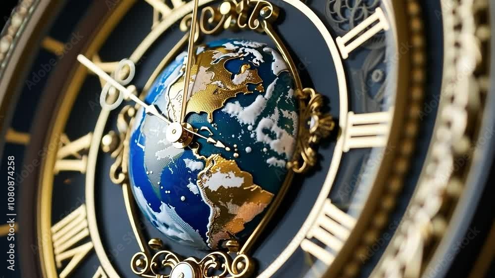 Poster clock with a globe on it. the clock is showing the time as 10:10. the globe is gold and has roman nu