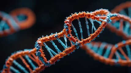 A close-up of a DNA double helix with its detailed structure, a representation of the building blocks of life.
