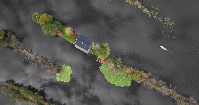loosdrechtse plassen, water village, house on water, nature of The Netherlands. Breukelen, Scheendijk, aerial drone view.