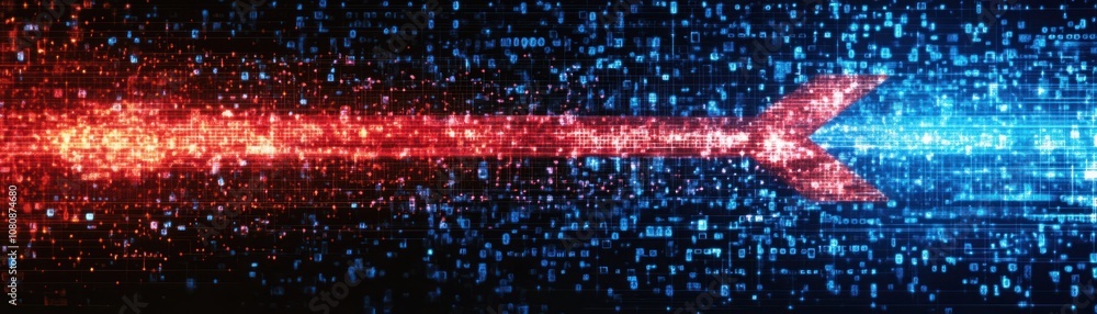 Poster vibrant digital arrow illustrating data flow in red and blue colors, representing technology, innova