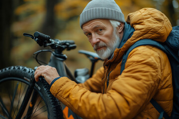 Fototapeta premium Senior man securing mountain bike to rack in autumn forest setting
