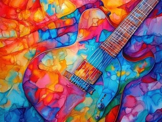 Obraz premium Colorful Abstract Watercolor Painting Featuring a Guitar in Vibrant Shades of Blue, Red, Yellow, and Orange with Artistic Brush Strokes and Textured Patterns