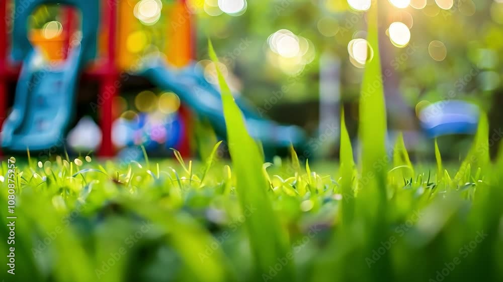 Poster park with a green grass field and a playground with a slide and a swing. the grass is lush and green