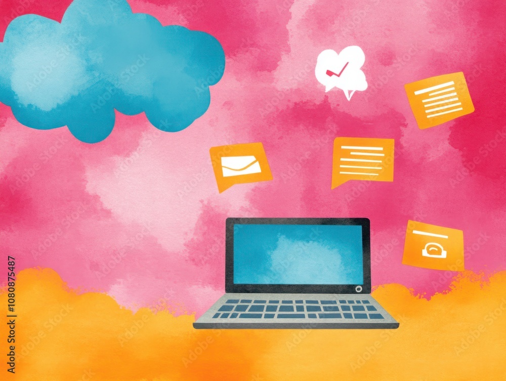 Poster digital communication concept with laptop surrounded by colorful clouds and speech bubbles on vibran