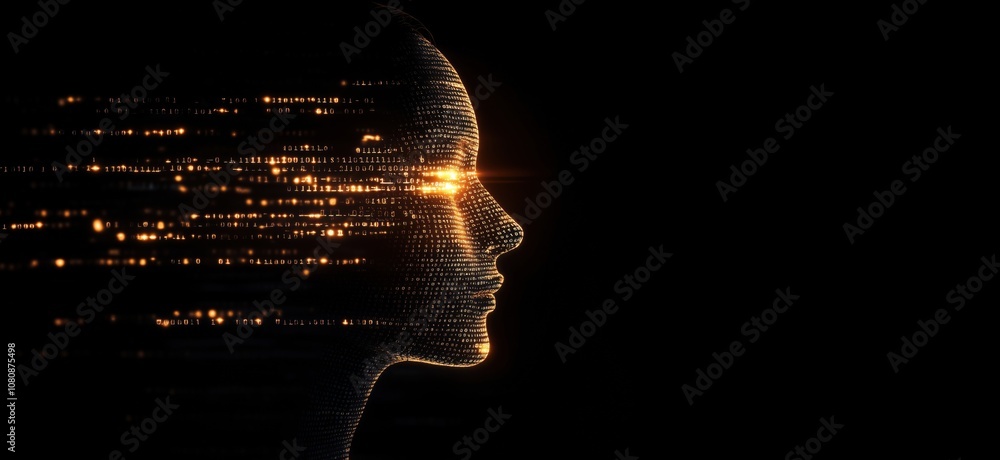 Poster digital silhouette of human face with binary code, glowing lights, abstract representation of techno