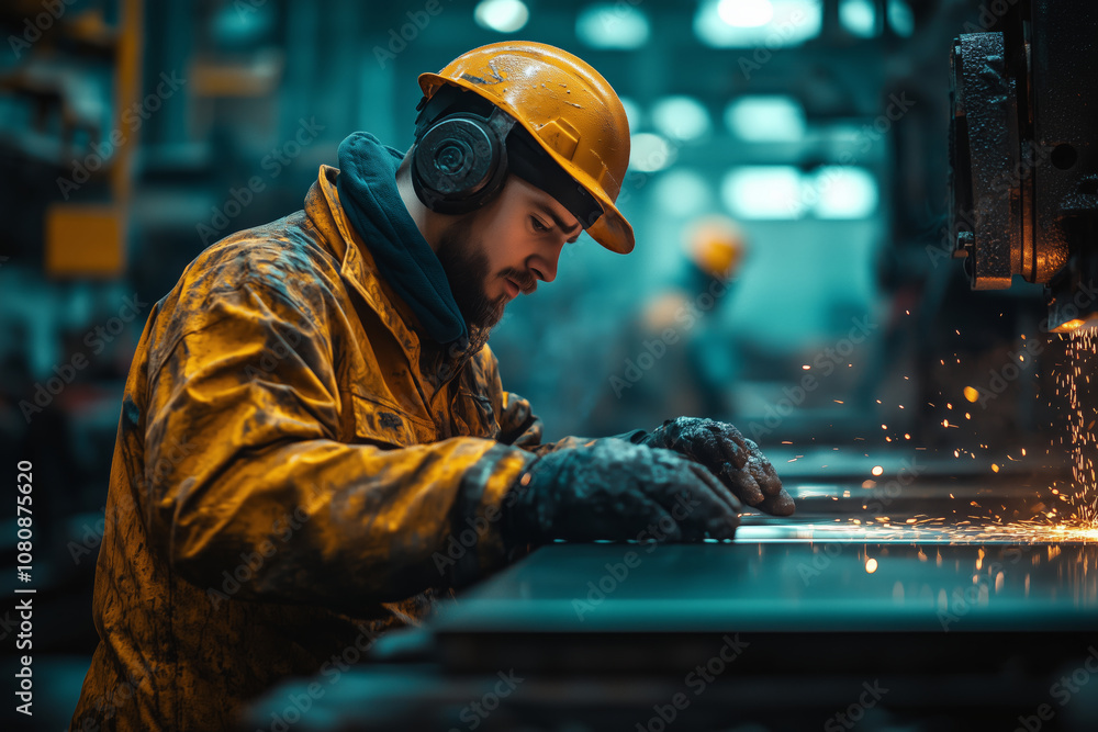 Poster dedicated worker extracts steel sheets from machine in bustling workshop
