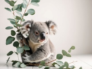 Serene macro shot of a koala surrounded by silvery eucalyptus leaves capturing the essence of early morning tranquility.