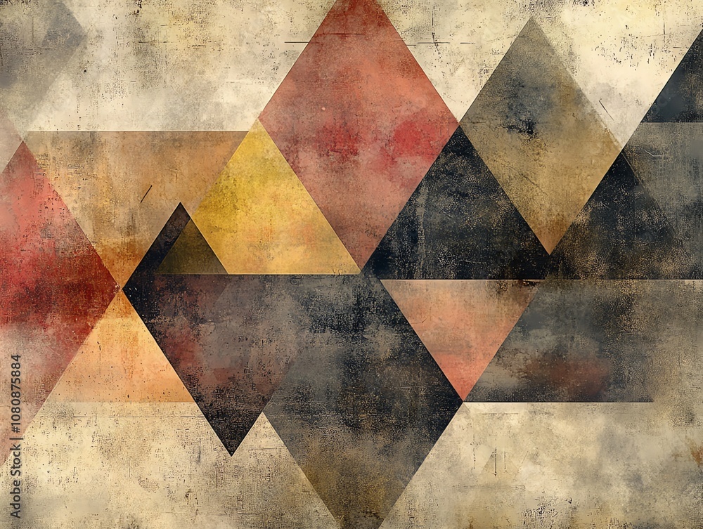 Poster a textured background with a geometric pattern of triangles in shades of brown, red, yellow, and gra