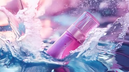3d of pink and purple cosmetic tube floating on water, bubbles around the product Video