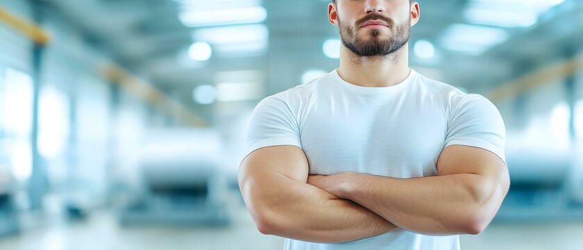 A muscular man stands confidently with crossed arms in a well-lit indoor setting. Concept Confident Poses, Indoor Lighting, Muscular Aesthetics, Crossed Arms, Strong Body Language