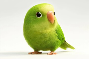 Cute green parrot standing on white background with big eyes, fluffy feathers, and a round body, showcasing vibrant colors and a playful demeanor, ideal for nature themes.