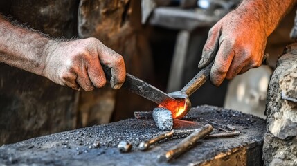 Skilled blacksmith forging hot iron in traditional workshop
