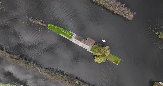 loosdrechtse plassen, water village, house on water, nature of The Netherlands. Breukelen, Scheendijk, aerial drone view.