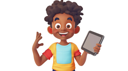 Happy young boy with curly hair holding a tablet and waving, showcasing excitement and joy in a colorful casual outfit against a bright white background