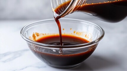 Fototapeta premium Pouring Dark Sauce into Glass Bowl: A Culinary Delight