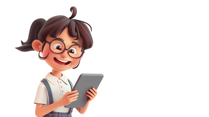 Cheerful young girl with glasses joyfully using a digital tablet, showcasing modern technology engagement and fun learning experiences in a bright animated style.