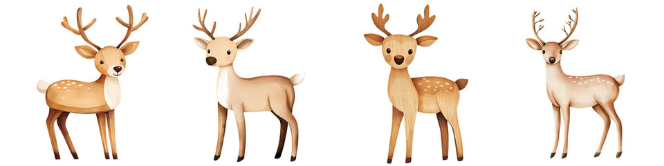 Christmas watercolor concept. Cute wooden reindeer illustrations for vintage Christmas decor