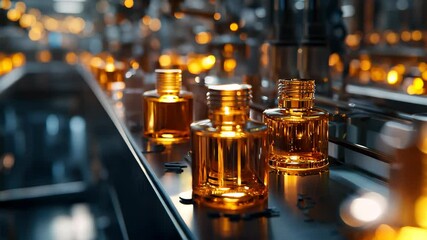 an automated production line manufacturing glossy luxury cosmetic packaging filled with amber liquid in a spotlessly clean and modern factory. generative AI Video