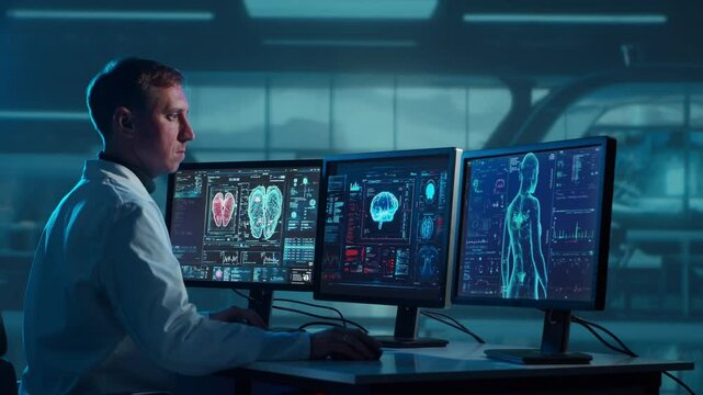 Doctor working at futuristic office, multiple monitors displaying medical images, data and body scans.