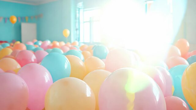 A pastel school classroom full of colorful balloons to welcome children back to school. It's September, children go to school to learn and socialize. Video