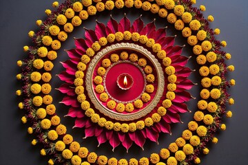 Aerial Floral Arrangement of Diwali Diya in Red and Yellow Colors for Cultural Celebration