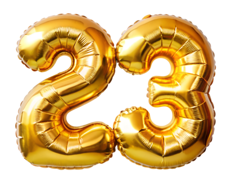 golden foil balloon for birthday in the shape of the number  23  , isolated on the white background