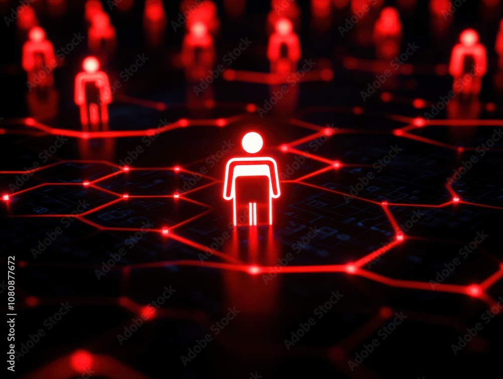 Poster futuristic digital network with red human figures connected by lines on a dark background representi