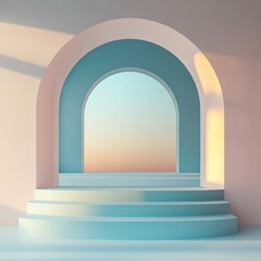 Fototapeta premium Minimal 3D design featuring a two-step podium with rounded edges, placed against a calming gradient background with soft shadows, providing a clean, contemporary stage for products