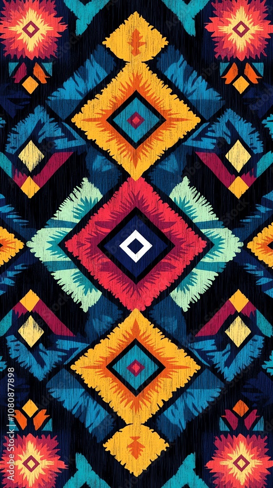 Poster a vibrant and colorful seamless pattern with geometric shapes and a dark background.