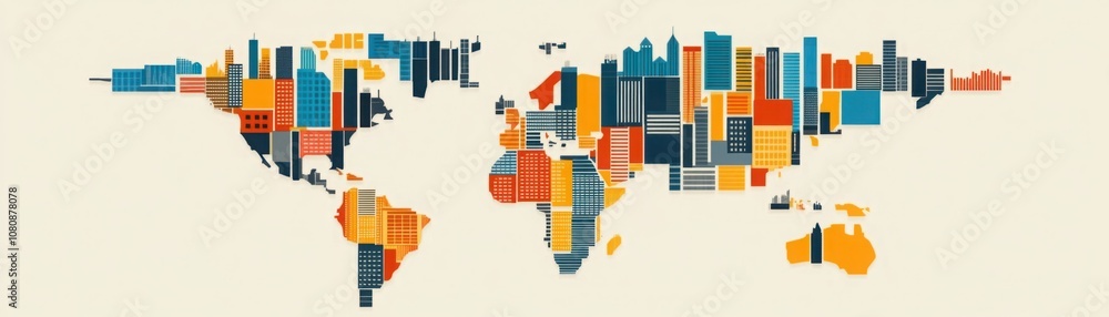 Aufkleber colorful global cityscape map representation with stylized architecture elements depicting various l