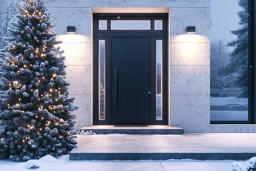 Modern Steel Front Door and Christmas Tree Standing Nearby