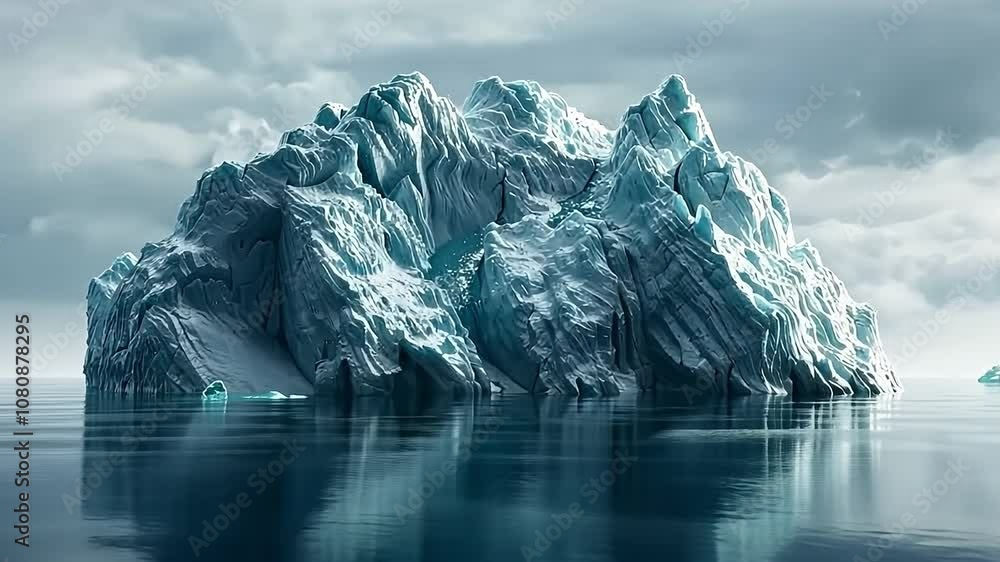 Poster large ice block floating in the ocean. the ice is surrounded by water and the sky is cloudy