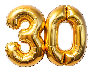 golden foil balloon for birthday in the shape of the number  30  , isolated on the white background