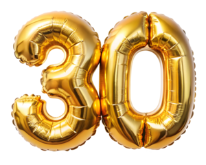 golden foil balloon for birthday in the shape of the number  30  , isolated on the white background