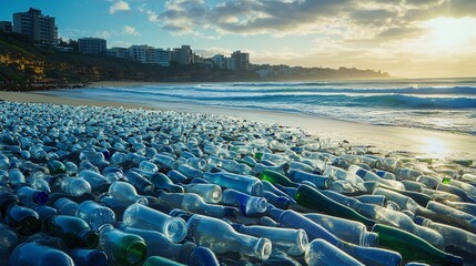 Countless glass bottles blanket a sandy beach as gentle waves lap the shore at sunset, creating a striking visual commentary on pollution