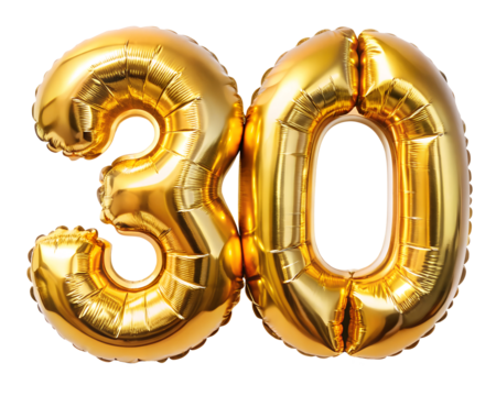 golden foil balloon for birthday in the shape of the number  30  , isolated on the white background