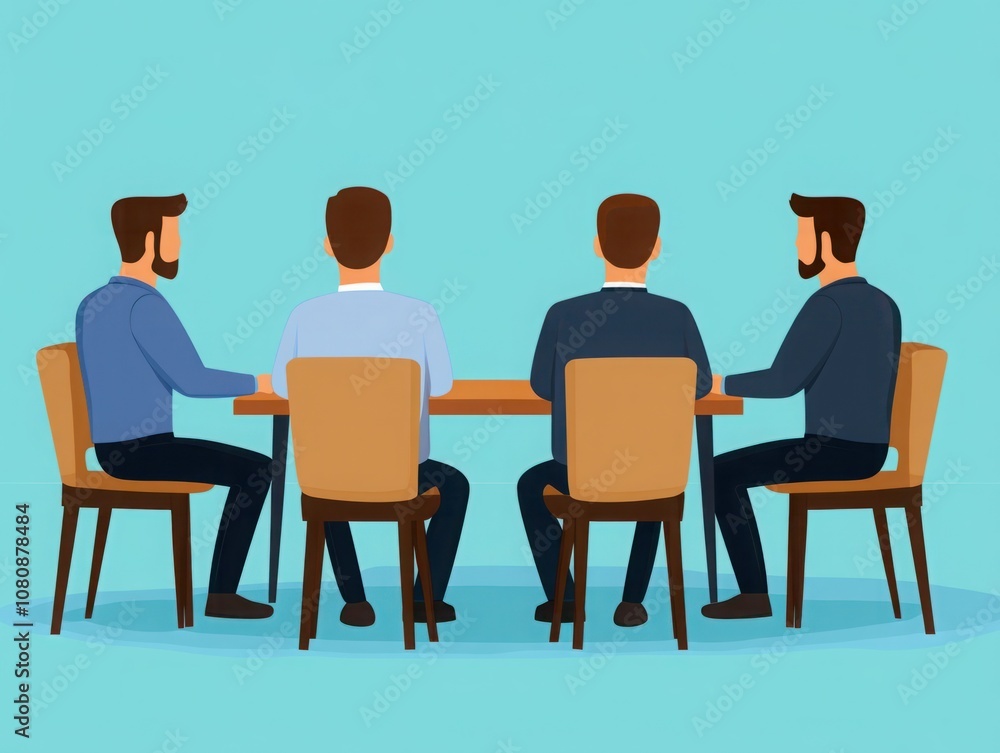 Poster group of professional men collaborating at a table in a bright office space, engaged in a serious di