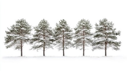 Five Snow-Covered Pine Trees in a Row Against a White Background