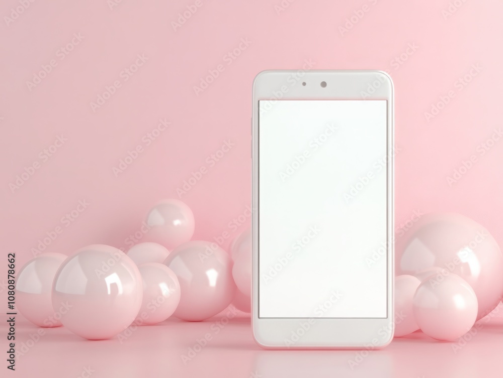 Poster minimalist smartphone mockup on soft pink background with glossy spheres and clean digital display f