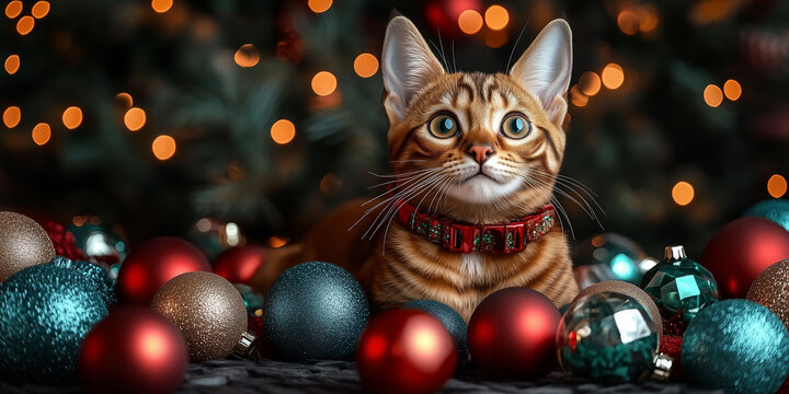 hJunges Somali Kätzchen mit einem roten Halsband sitzt zwischen vielen bunten Weihnachtkugeln.Festtagstimmung. - Powered by Adobe