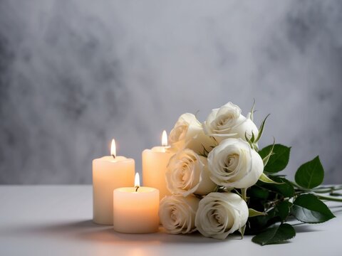 White roses and lighted candles on a gray background conveying condolences and sympathy.