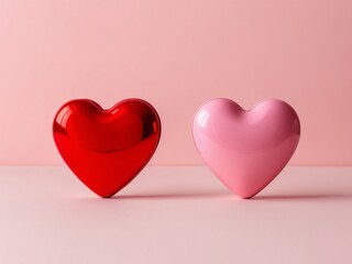 Two shiny red and pink hearts are standing on a pink background for valentine's day.