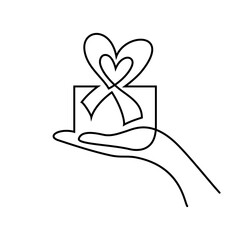 Gift in continuous line art drawing style. Hand holding gift box with heart shaped decorative ribbon bow. Black linear design isolated on white background. Vector illustration