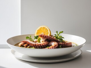 Fresh Octopus Dish with Lemon and Green Leaves.