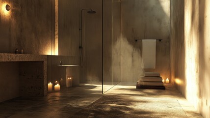 Fototapeta premium A serene, modern bathroom featuring a glass shower, textured walls, ambient lighting, and a minimalist design aesthetic.