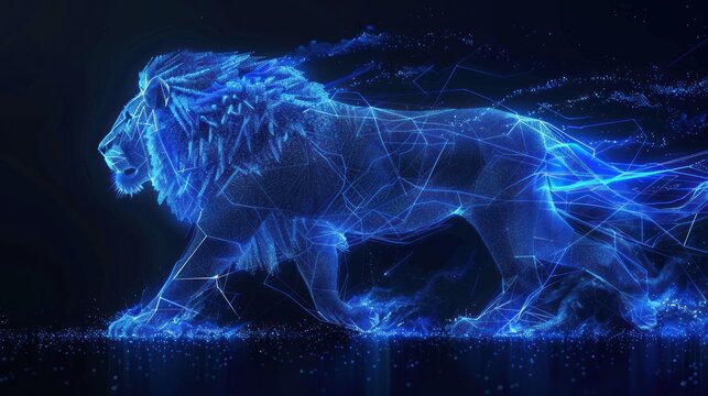 A majestic lion rendered in a blue digital art style. It looks like it's made of energy and light, and it's charging towards the viewer.