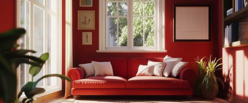 Red Sofa in a Sunlit Room with a Window and Artwork